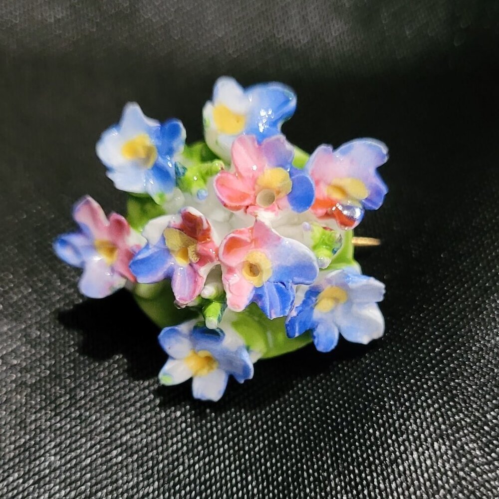 VTG Spring Forget Me Not Pink Blue Yellow Gr Bouquet England Porcelain Brooch 1"